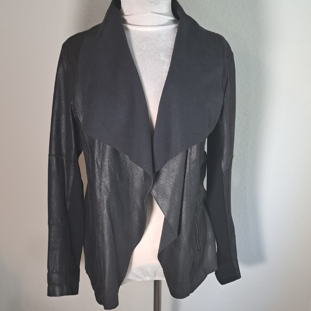 Peck & Peck Women’s Jacket Black Faux Leather Draped Cardigan Knit Wide Collar M